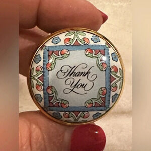 Halcyon Days round enamel Thank You box blue and white brass  Vintage